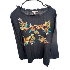 Angel Premium Bird And Floral Embroidered Long Sleeve Blouse